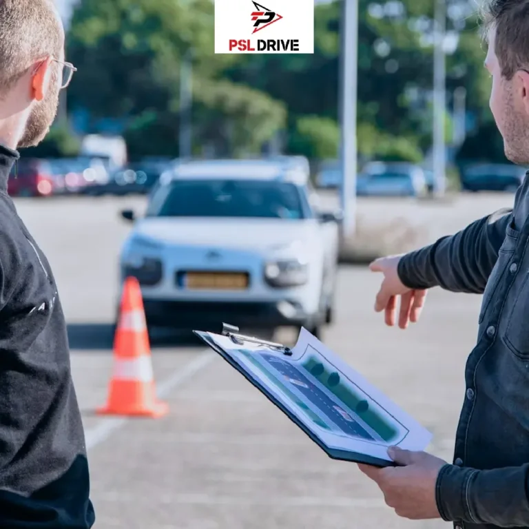 Driving instructor guiding a learner during a practical driving lesson with a white training car and traffic cone – PSL Drive